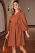 Bracelet Sleeve Split Neck Scallop Detail Pleated Corduroy Mini Dress